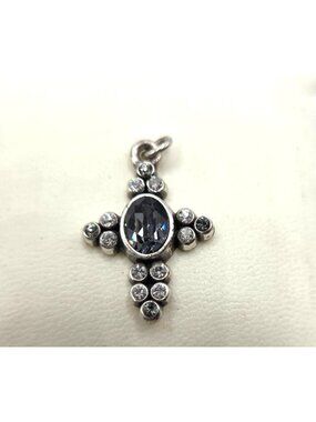 Silver Tone Cross Pendant With Blue & Clear Gemstones